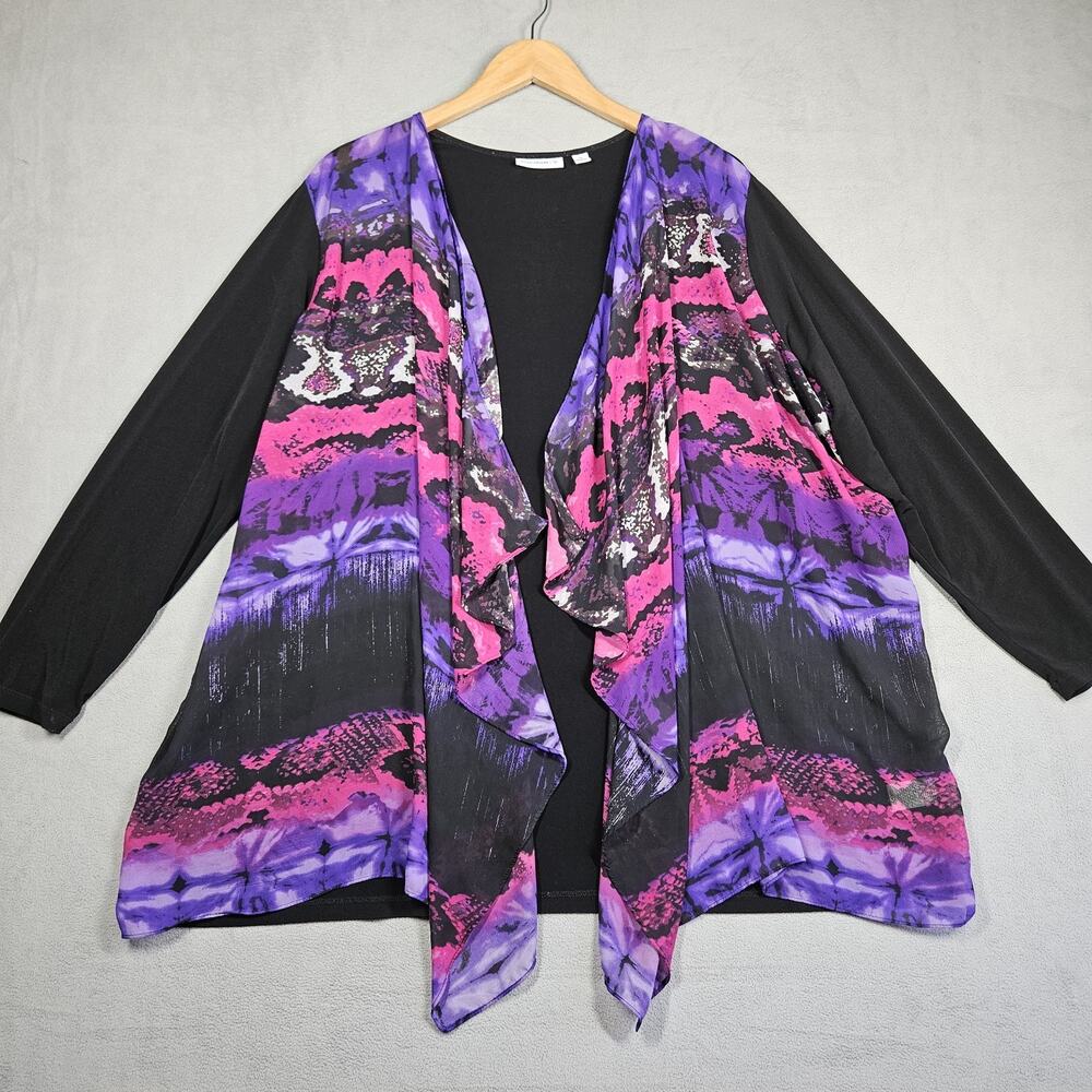 Susan Graver Cardigan 2X Liquid Knit Open Front Chiffon Front Black Waterfall